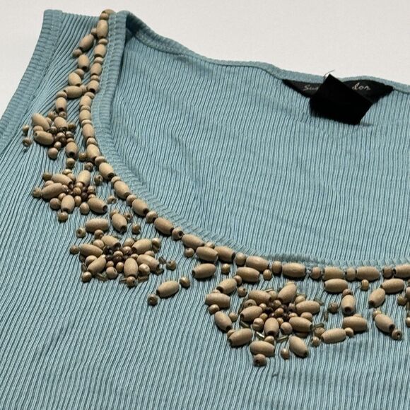 Woman's Sunny Taylor VTG Teal Blue Sleeveless Tank Top w/ Beaded Flowers Size XL - Picture 3 of 5